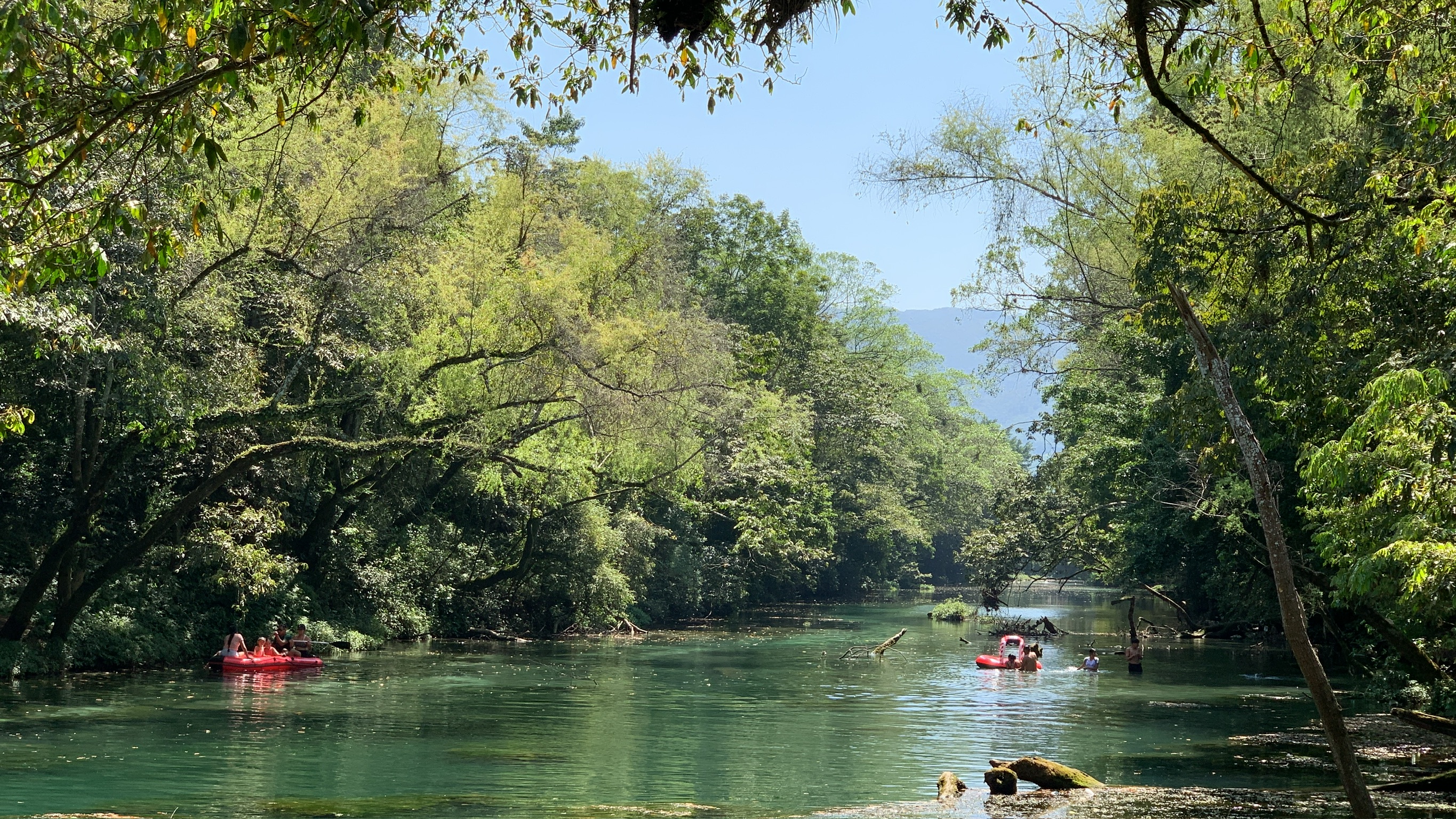 Vado de río poco profundo con árboles en las orillas
